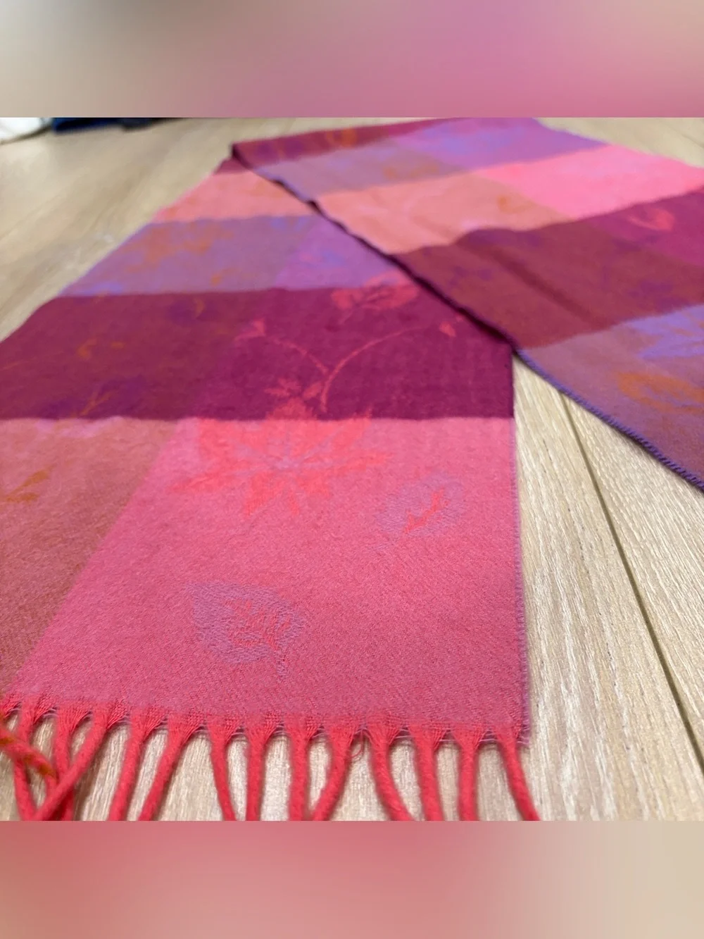 Made in Scotland 100% Cashmere Scarf Floral Jacquard Plaid Pink Purple
